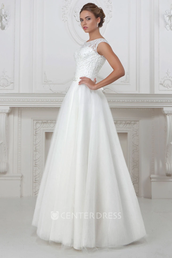 A-Line Cap-Sleeve Floor-Length Scoop-Neck Lace&Tulle&Satin Wedding Dress