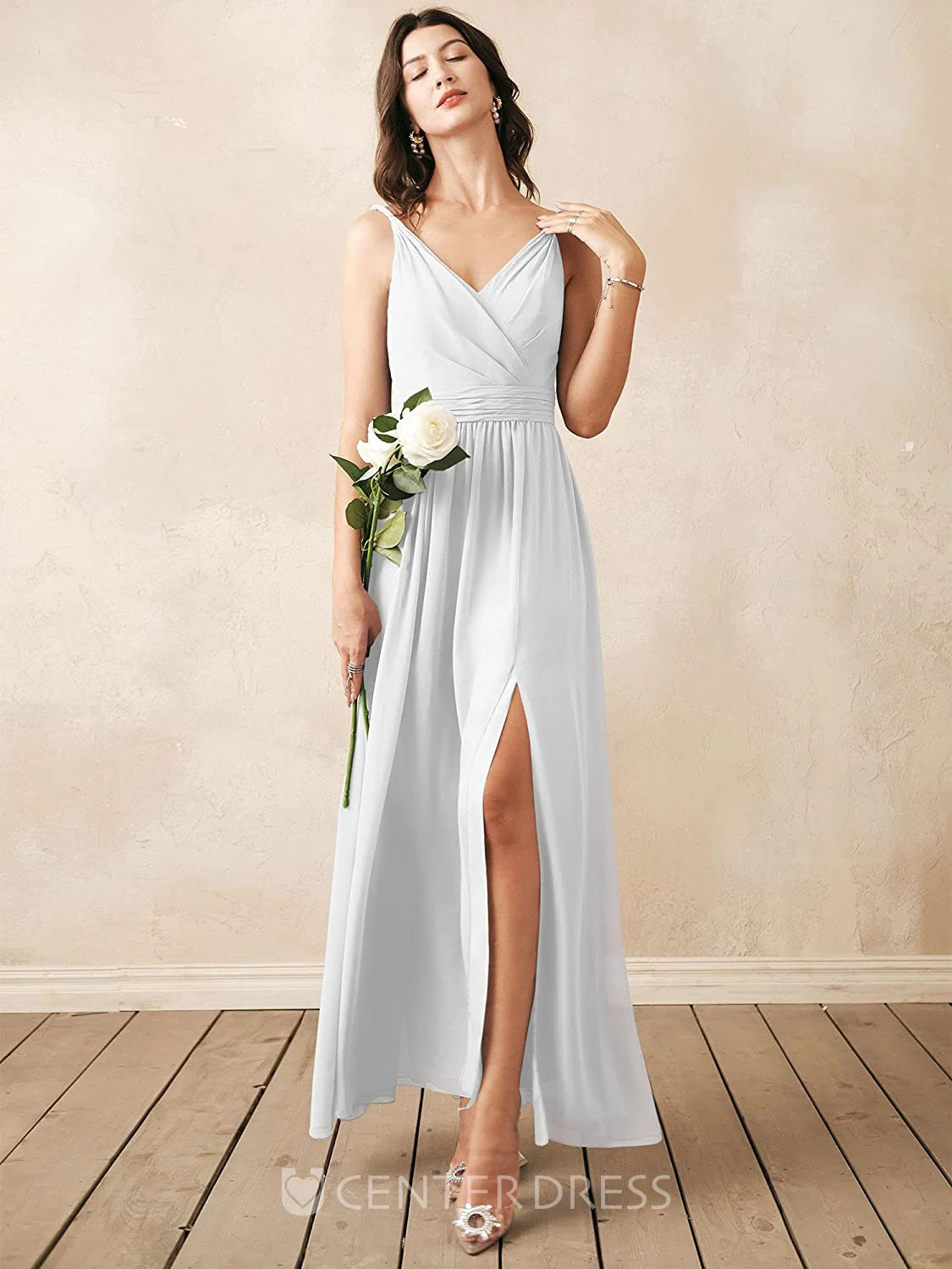 Romantic Chiffon Ankle-length V-neck A Line Sleeveless Bridesmaid Dress With Ruching
