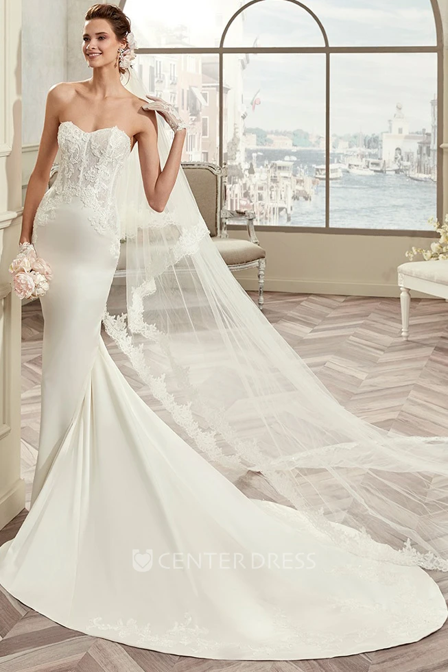 Strapless Sheath Bridal Gown With Lace Corset And Court Train