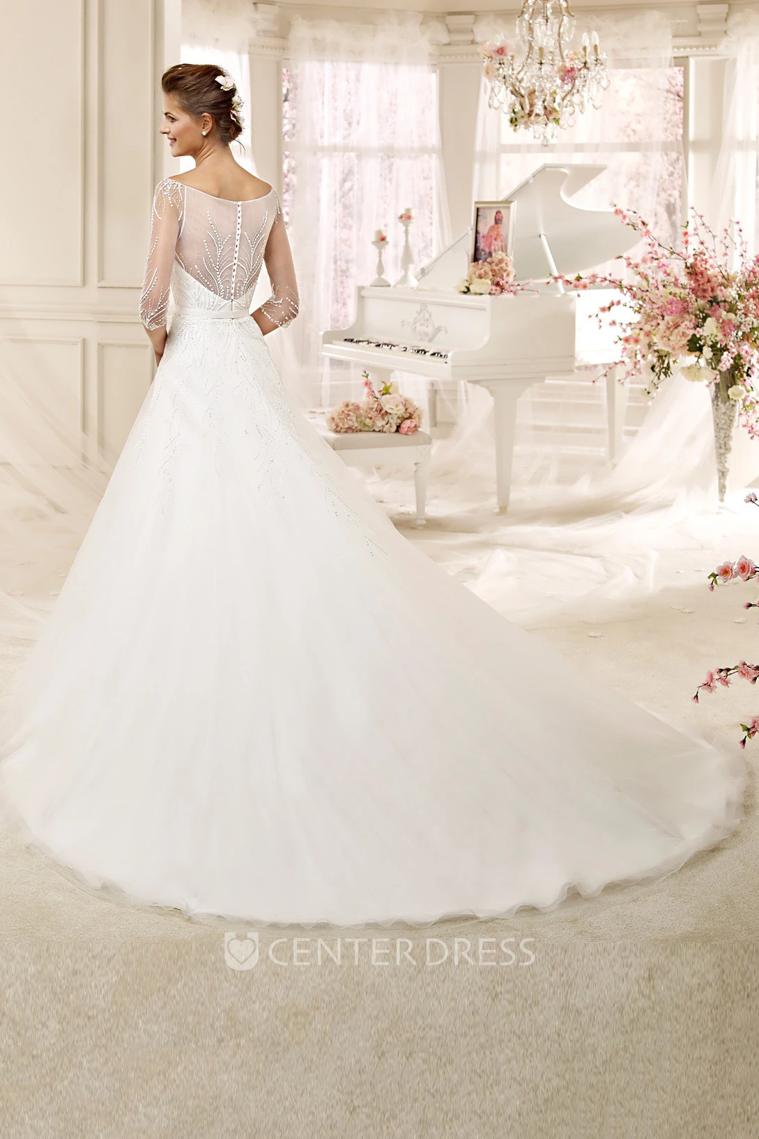 Half-sleeve A-line Wedding Dress with Illusive Design and Brush Train