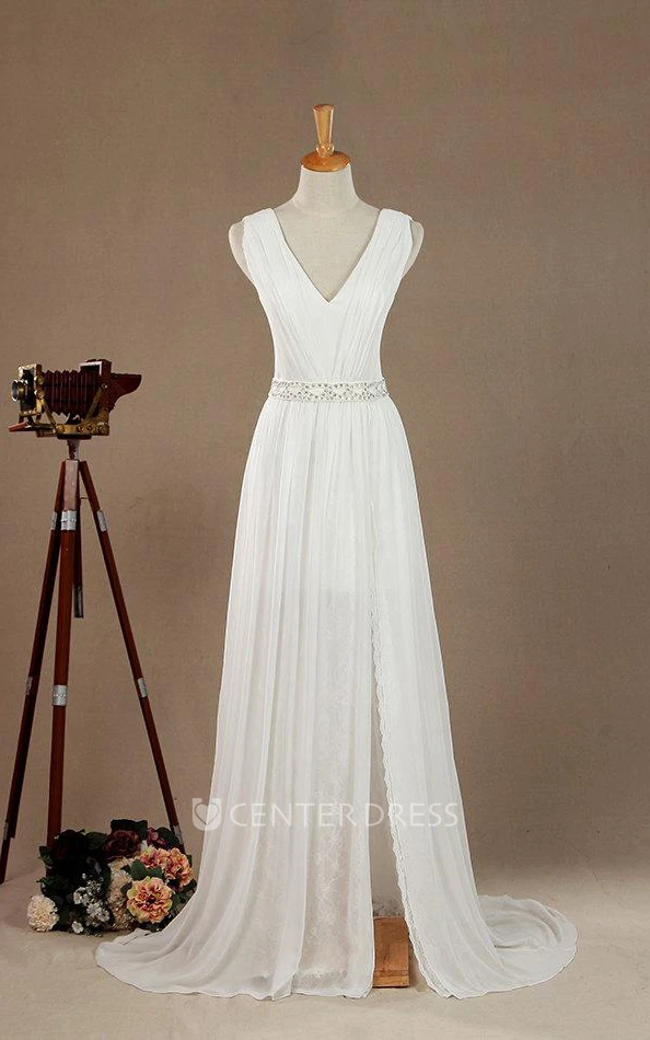 Maxi V-Neck Chiffon Lace Satin Weddig Dress With Low-V Back