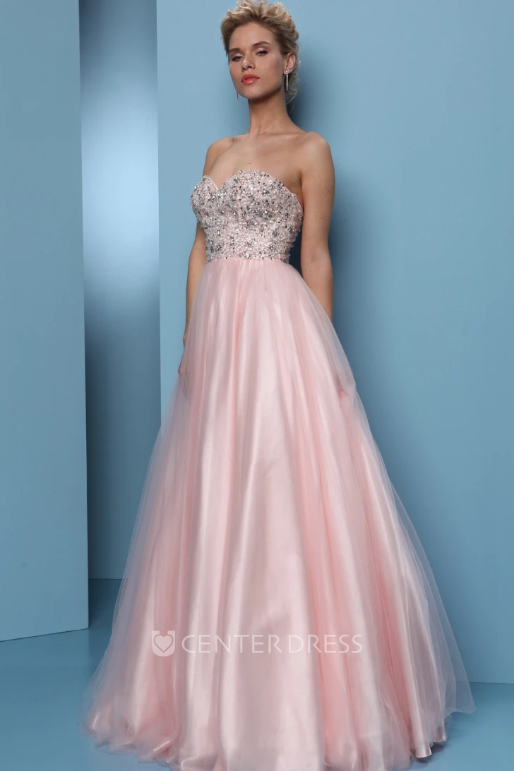 Ball Gown Sweetheart Floor-Length Beaded Sleeveless Tulle&Satin Prom Dress