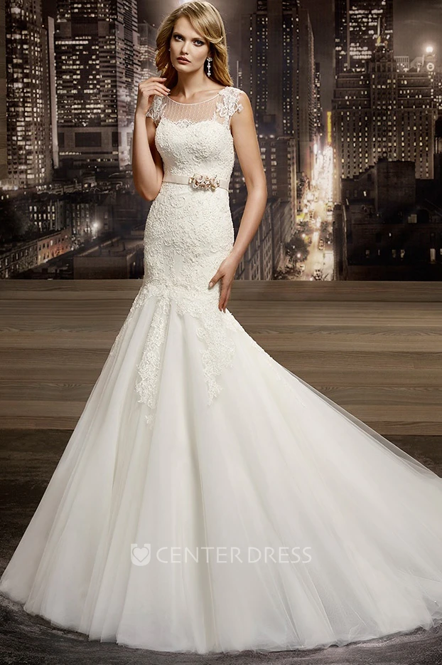 Cap sleeve Mermaid Lace Wedding Dress with Illusive Neckline and Jewel Neck