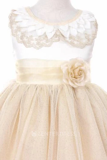 Floral Tiered Satin Flower Girl Dress With Embroidery