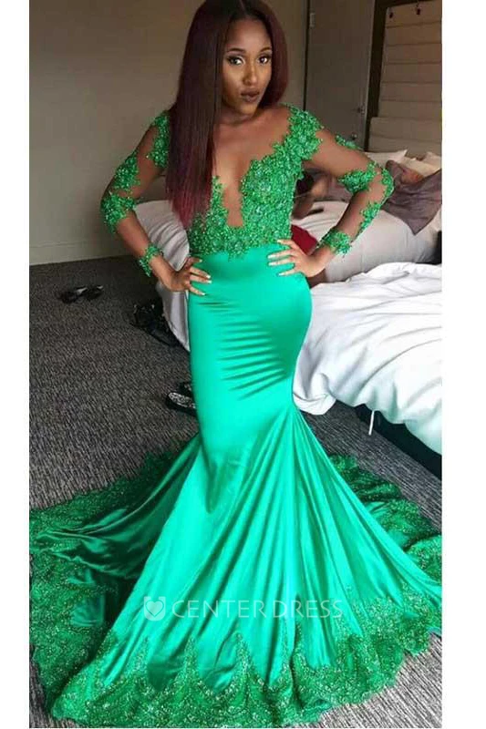 Illusion Long Sleeve Sweep Brush Train Mermaid Trumpet V-neck Satin Lace Dress