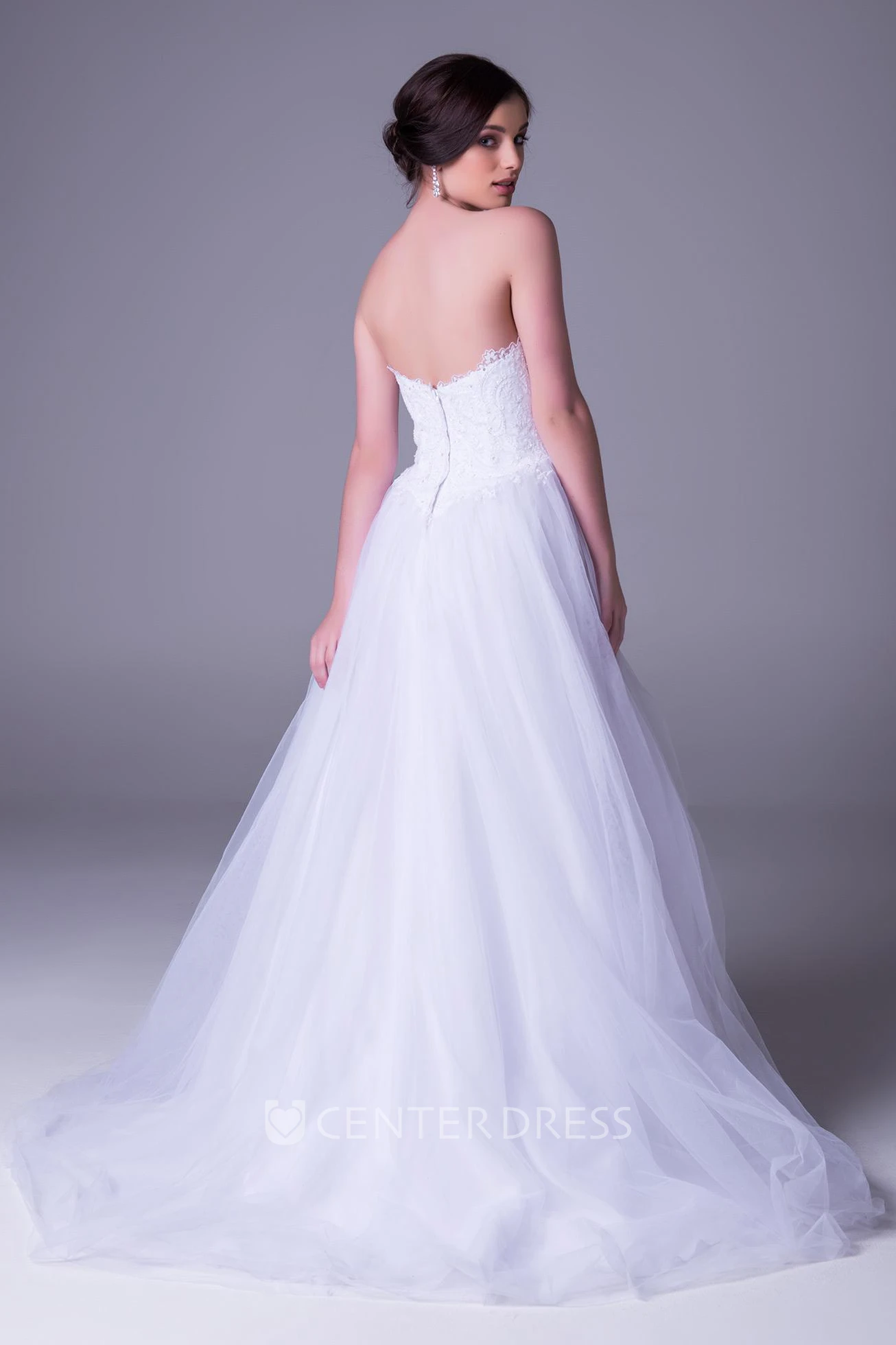 A-Line Strapless Tulle Wedding Dress With Lace