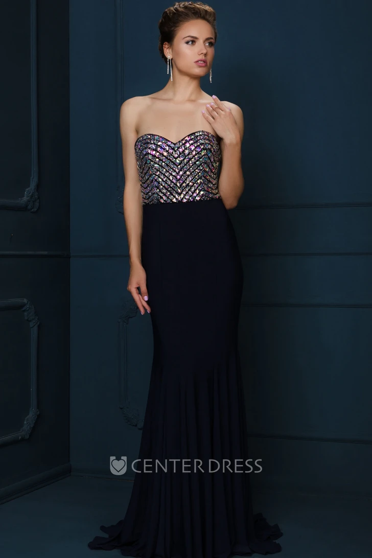 Sheath Sleeveless Sweetheart Crystal Chiffon Evening Dress With Brush Train