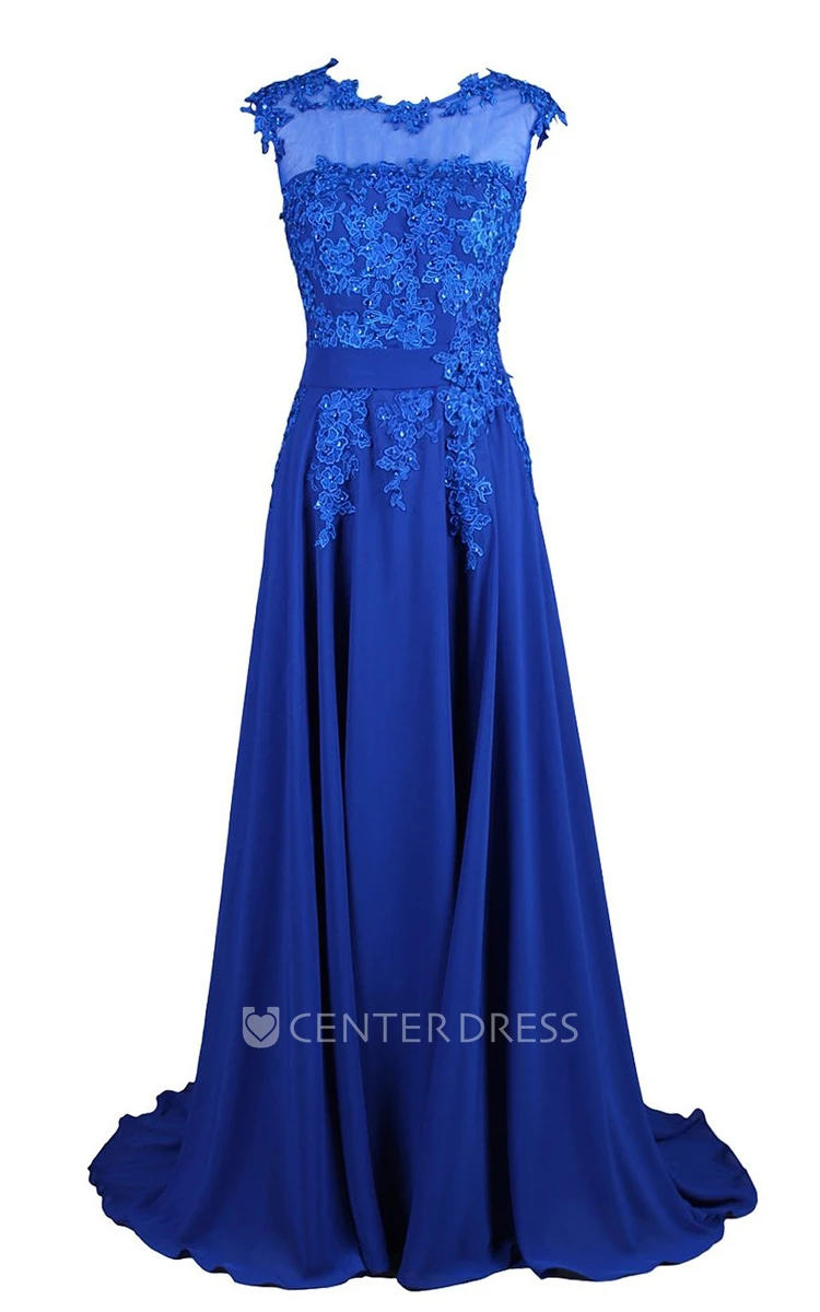 Cap-sleeve Beaded Chiffon A-line Gown With Lace Appliques