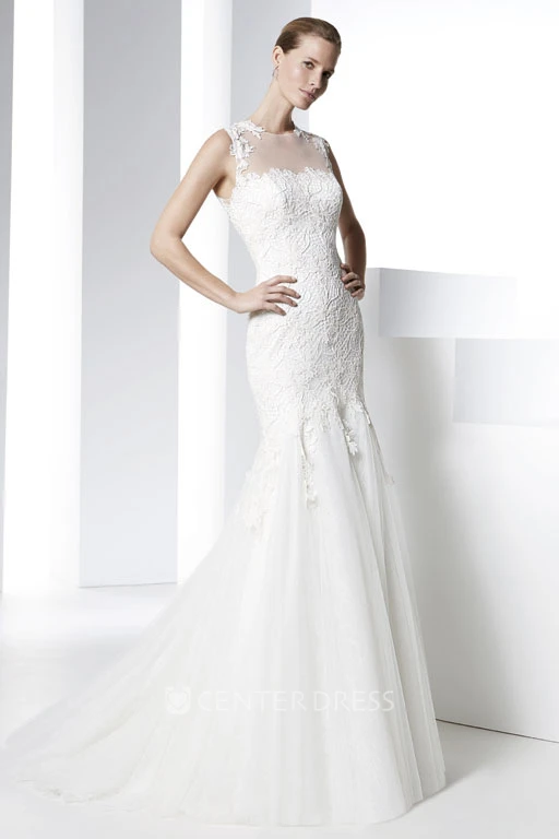 Sheath Appliqued Floor-Length Sleeveless Jewel Lace Wedding Dress With Illusion Back And Brush Train