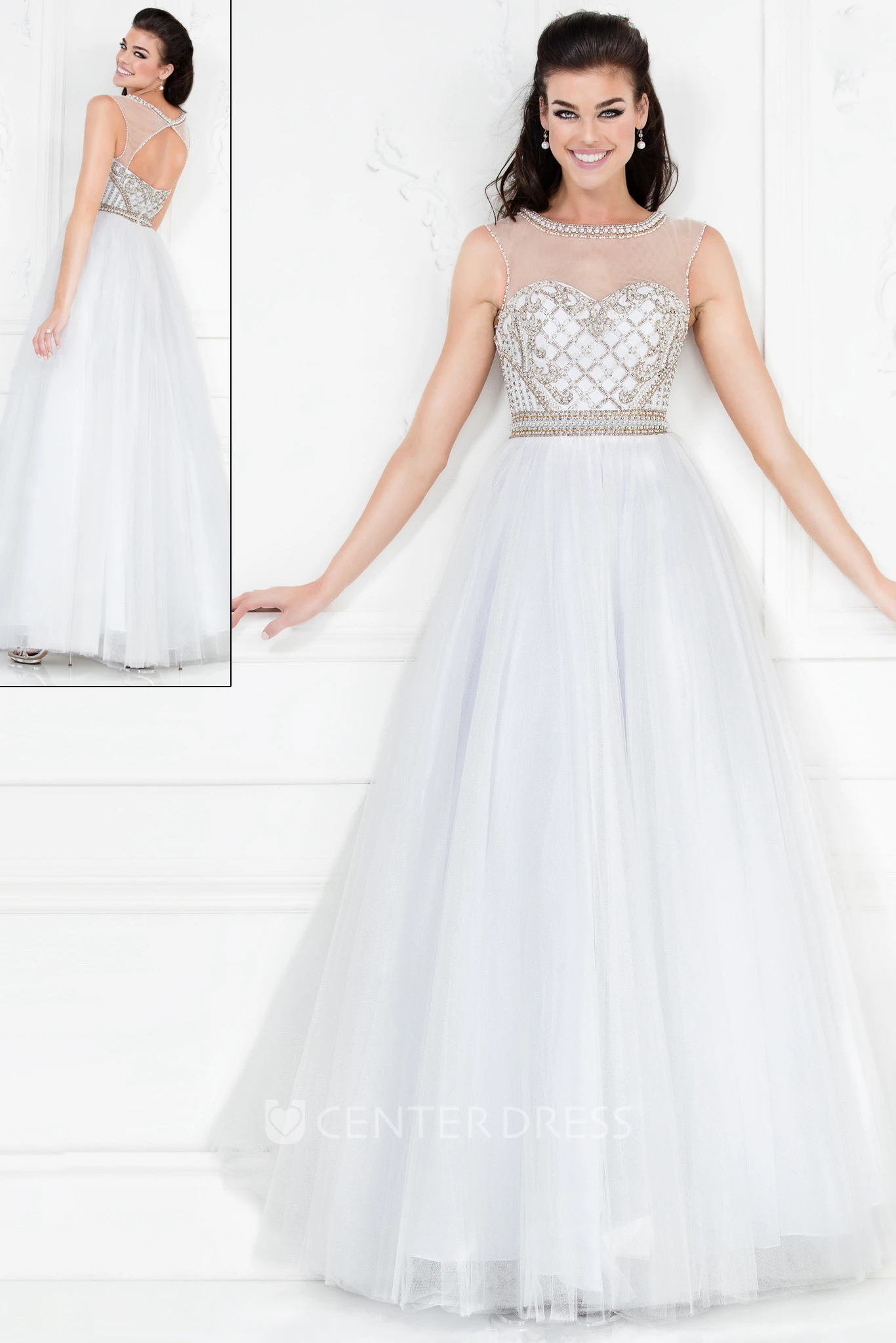 A-Line Bateau Sleeveless Tulle Keyhole Dress With Beading And Pleats