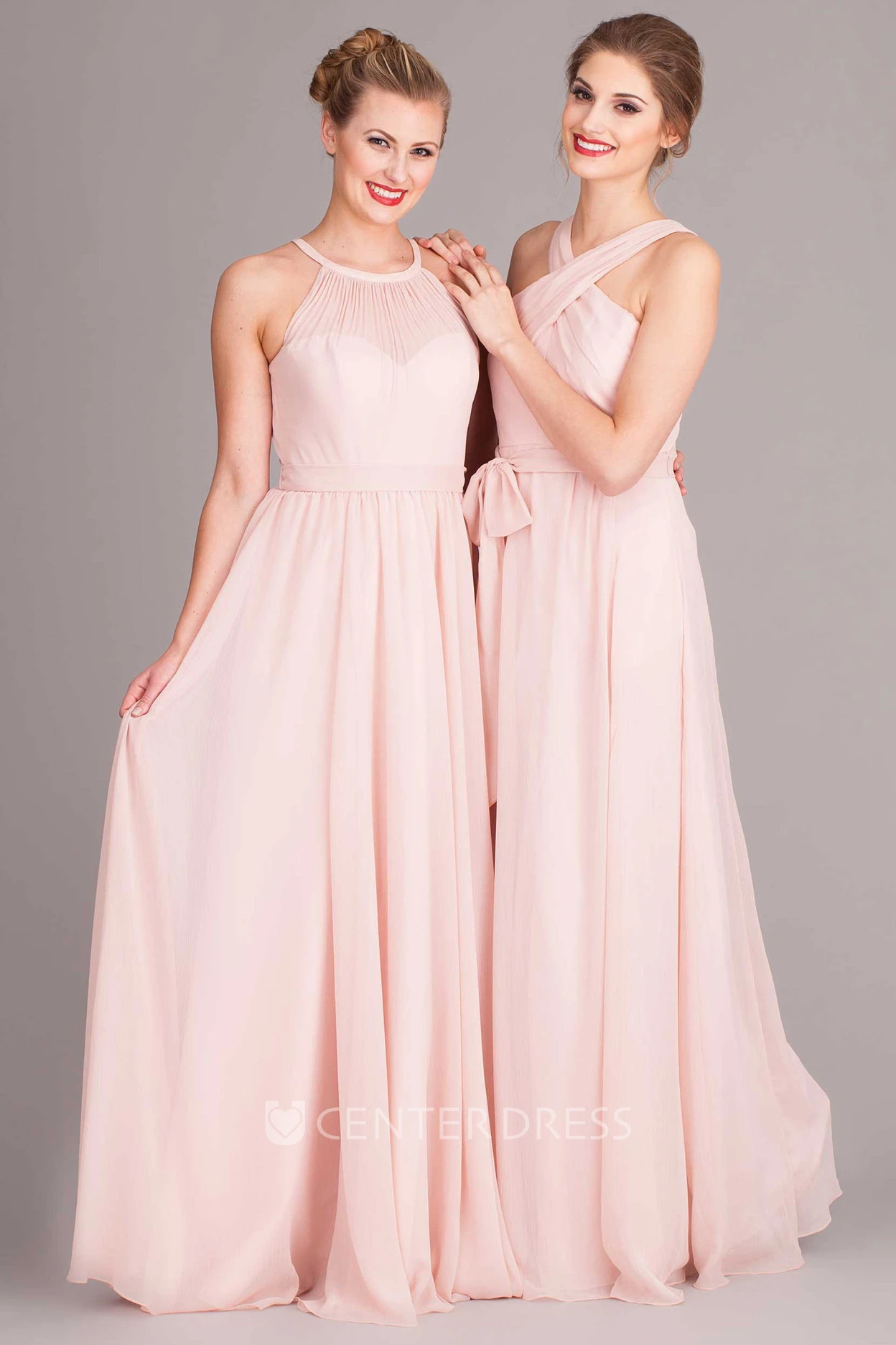 Pleated Scoop Neck Sleeveless Chiffon Bridesmaid Dress With Bow