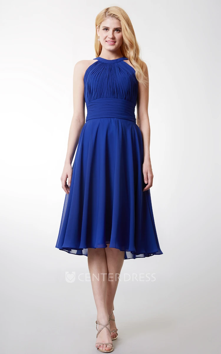 A-line Halter Tea Length Chiffon Bridesmaid Dress With Keyhole Back