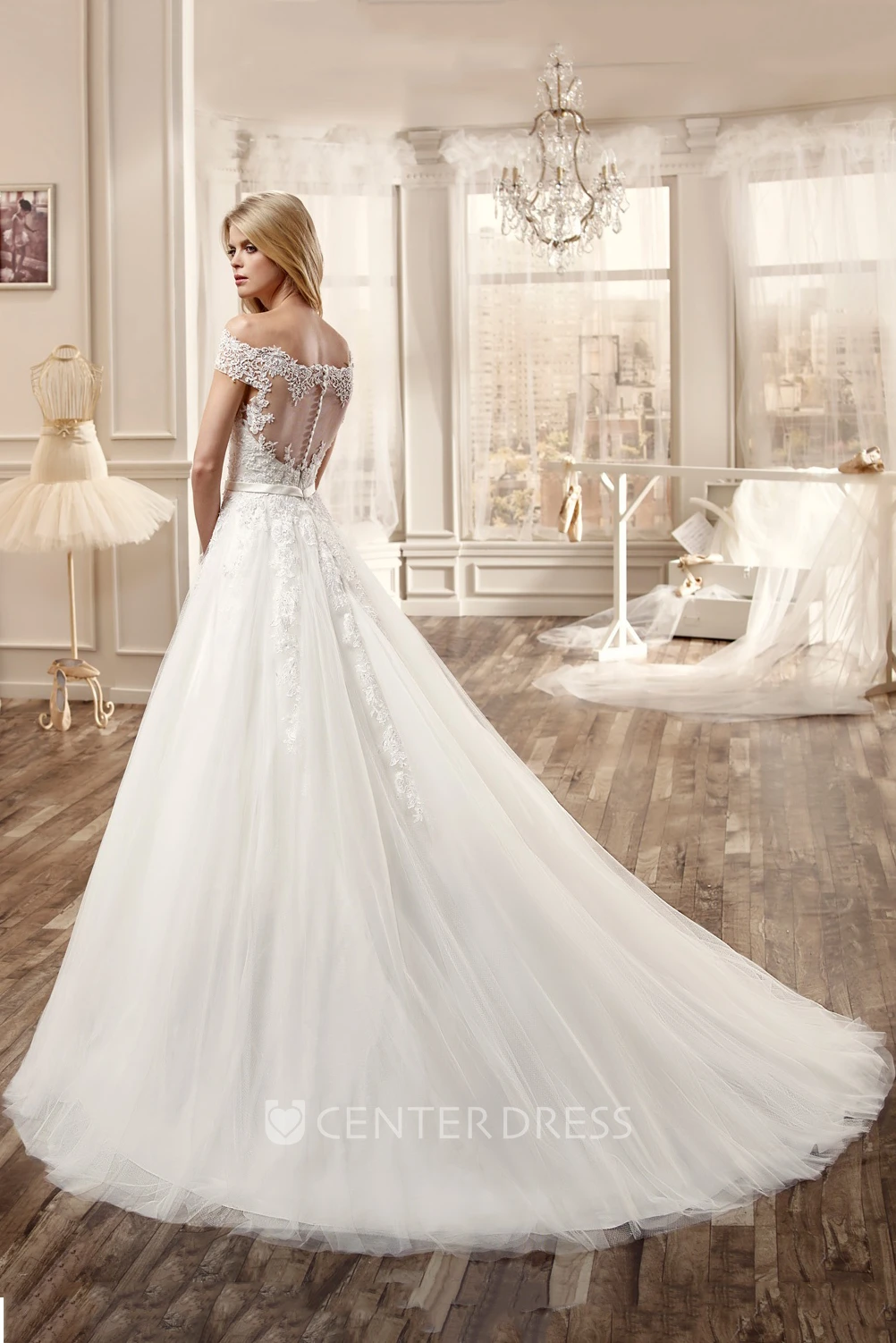 Off-Shoulder Lace A-Line Wedding Dress With Illusive Deep-V And Brush Train