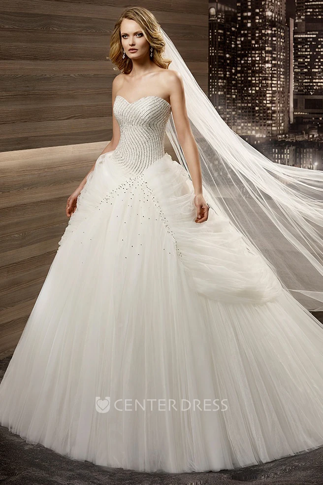 Sweetheart A-line Puffy Wedding Gown with Beaded Details and Side Ruching