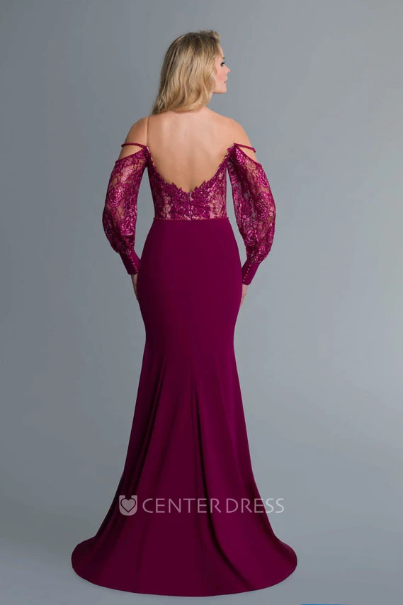 Sheath Off-The-Shoulder Balloon Long Sleeve Jersey Lace Illusion Dress