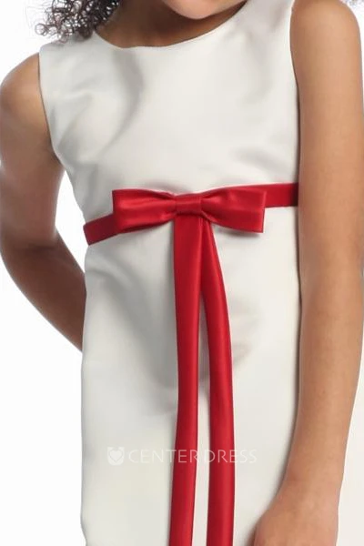 Ankle-Length Bowed Sleeveless Satin Flower Girl Dress