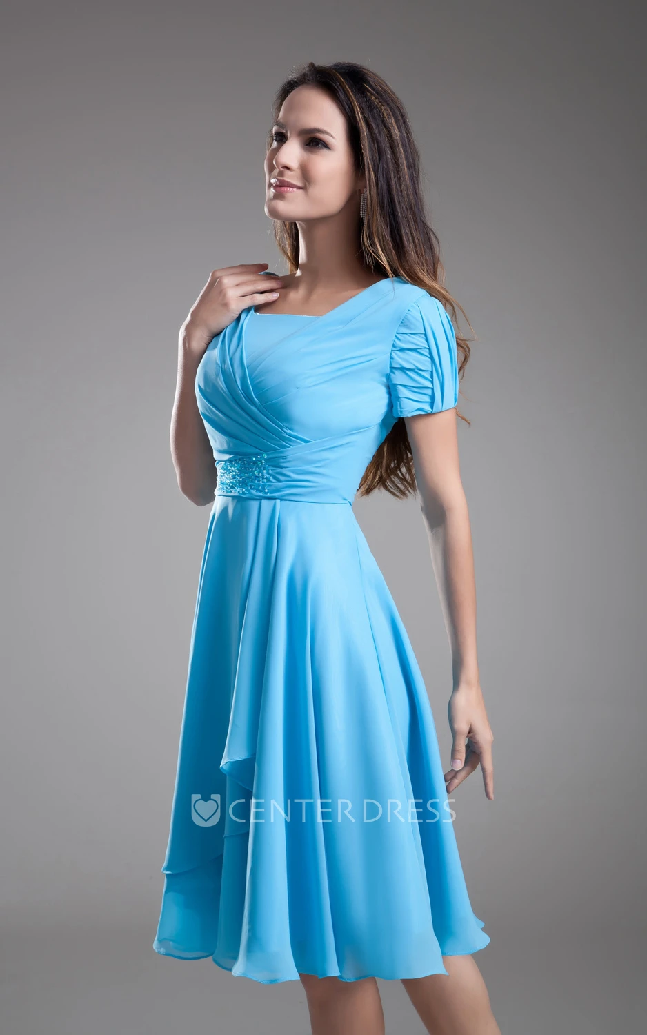 Chiffon Sleeve Square-Neck Midi Dress With Draping