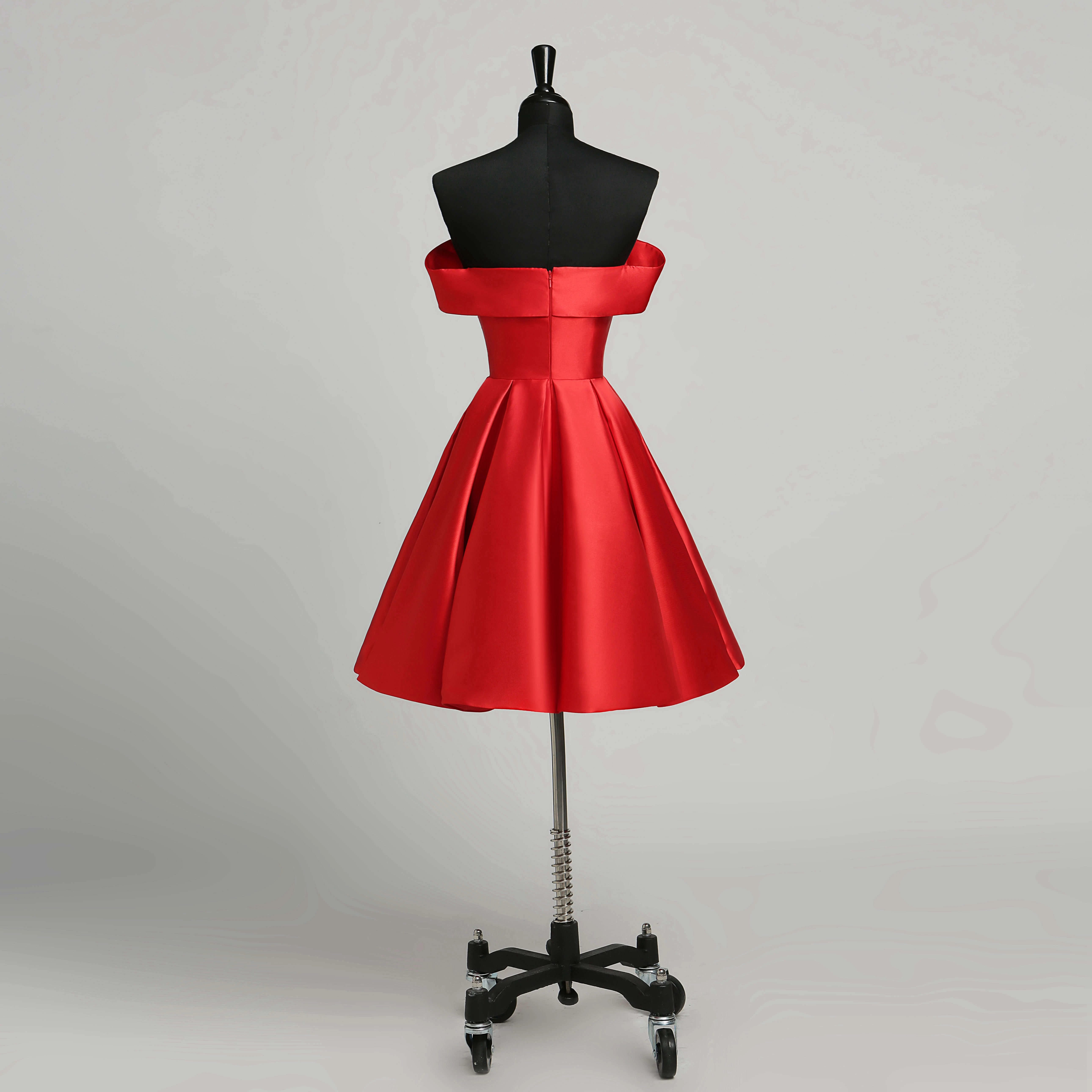 Satin A-Line Off-the-shoulder Elegant Romantic Sleeveless Short Mini Open Back Zipper Dress