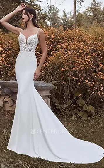 Satin Mermaid Wedding Dress with Spaghetti Straps and Appliques Casual Satin Applique Wedding Dress