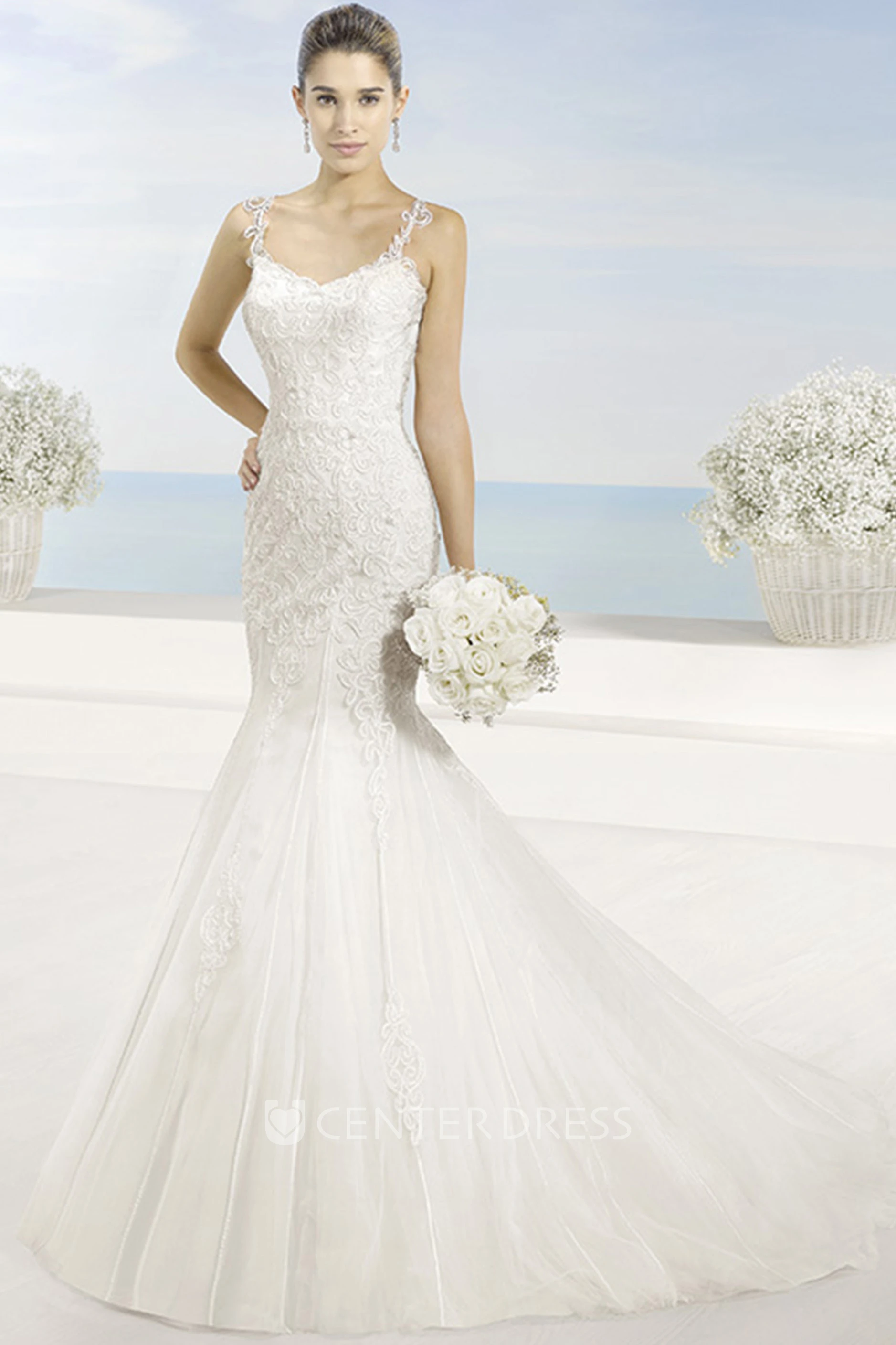 Mermaid Maxi Appliqued Sleeveless Spaghetti Lace Wedding Dress With Chapel Train And Illusion Back