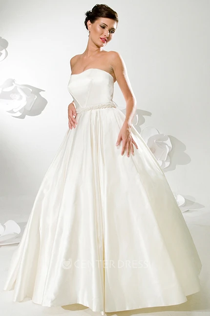 A-Line Sleeveless Floor-Length Jeweled Strapless Satin Wedding Dress With Backless Style