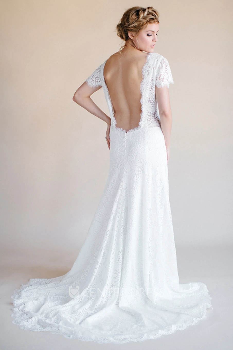 Short-Sleeve V-Neck Lace Wedding Dress With Backless Design