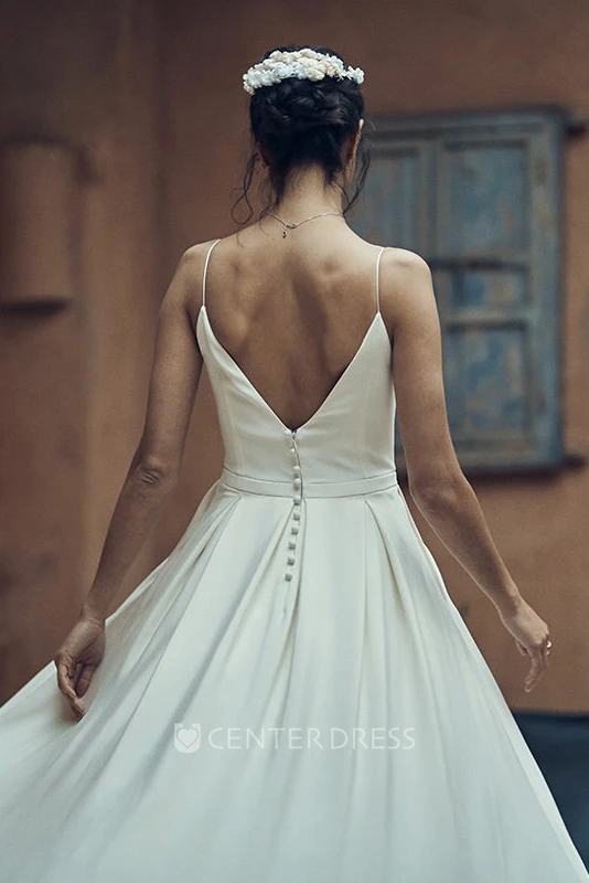 Sexy Spaghetti Ankle-Length Bridal Gown with Pocket and Deep-V Back