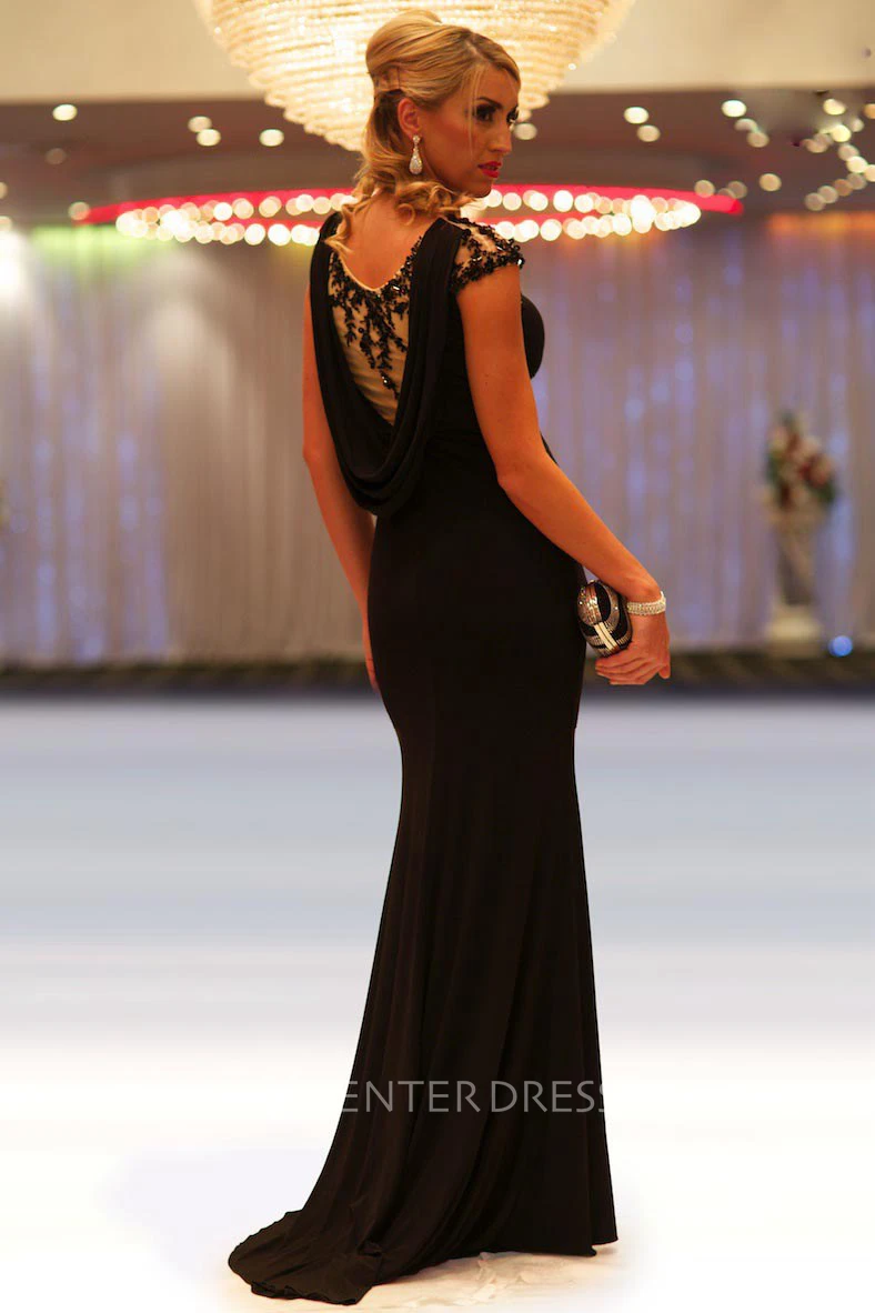 Sheath Beaded Floor-Length Scoop-Neck Cap-Sleeve Chiffon Prom Dress