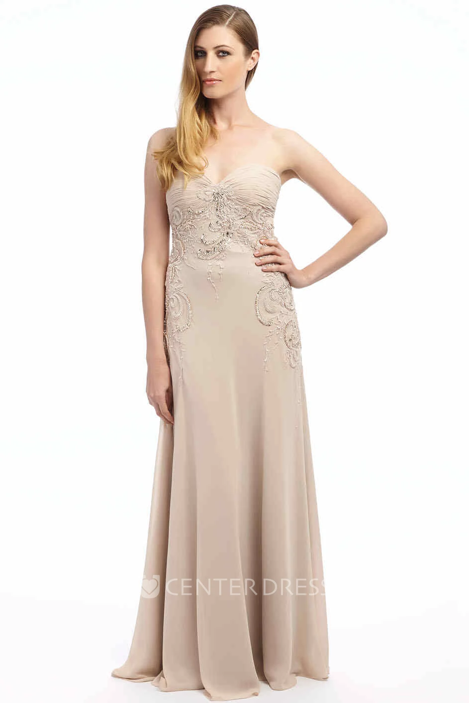 Maxi Ruched Sleeveless Sweetheart Chiffon Prom Dress With Appliques
