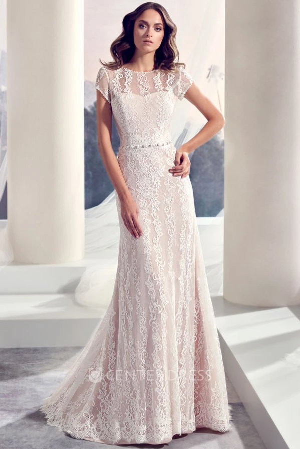 Floor-Length Scoop Jeweled Cap-Sleeve Lace Wedding Dress With Brush Train And V Back