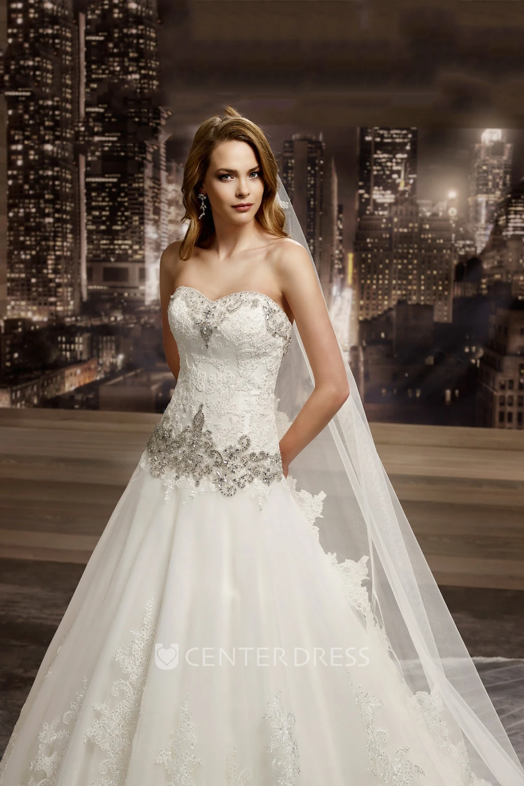 Sweetheart Brush-train A-line Lace Wedding Gown with Beaded Details and Appliques 