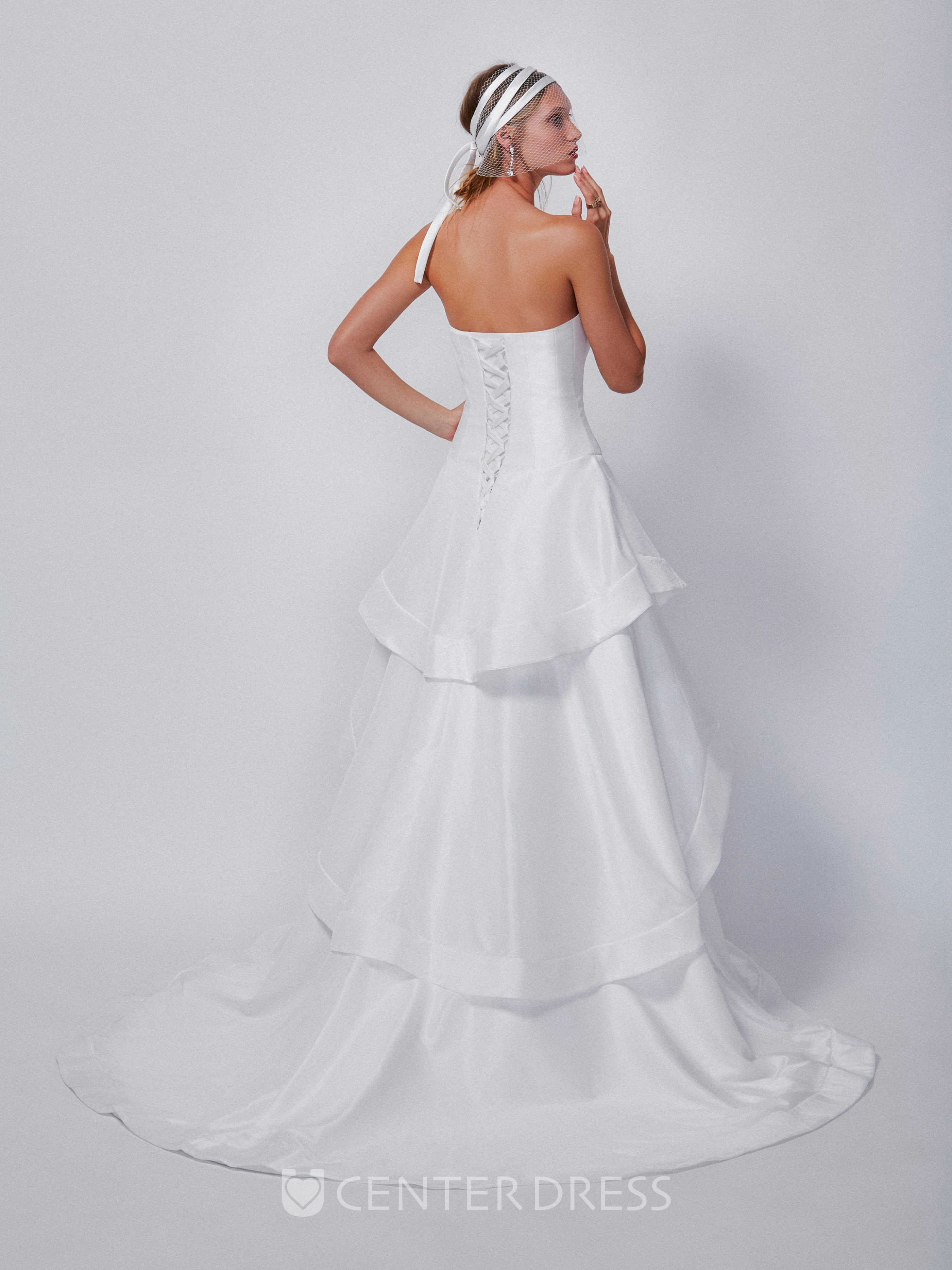 A-Line Floor-Length Strapless Sleeveless Tiered Satin Wedding Dress
