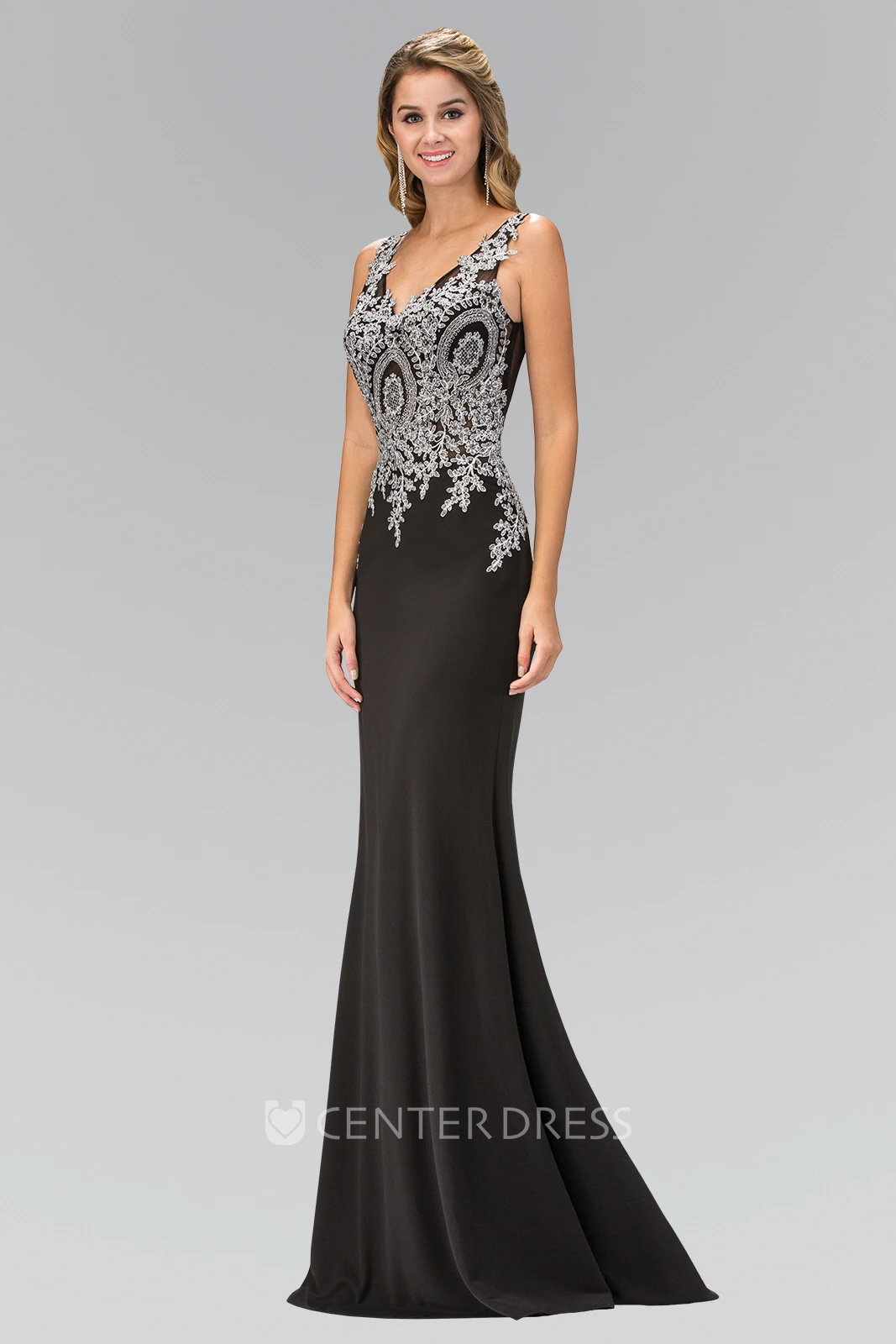 Sheath Long V-Neck Sleeveless Jersey Deep-V Back Dress With Appliques