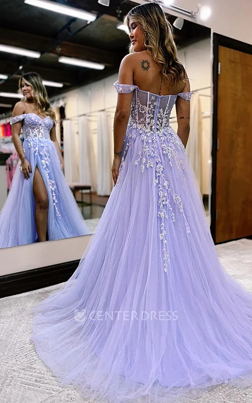 Off-the-shoulder Lace Tulle A-Line Prom Dress Romantic Beach