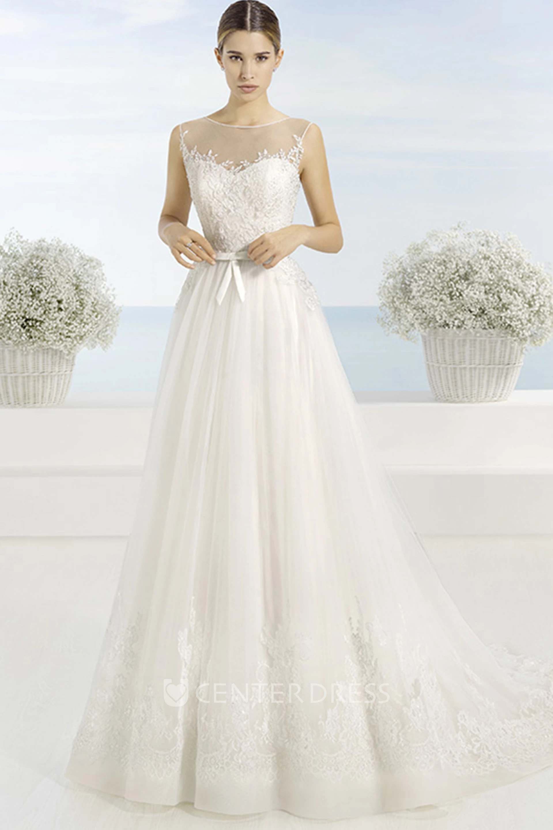 A-Line Long Appliqued Sleeveless Scoop Tulle Wedding Dress With Court Train And Illusion Back