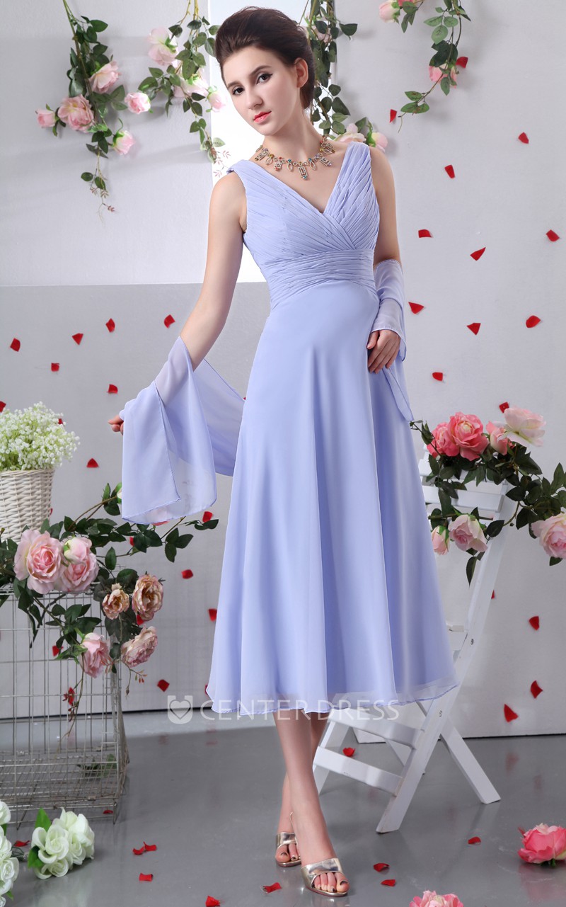 V neck shop tea length dress