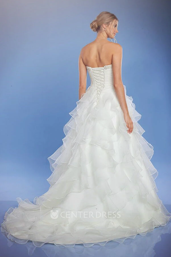 Long Sweetheart Criss-Cross Jeweled Organza Wedding Dress