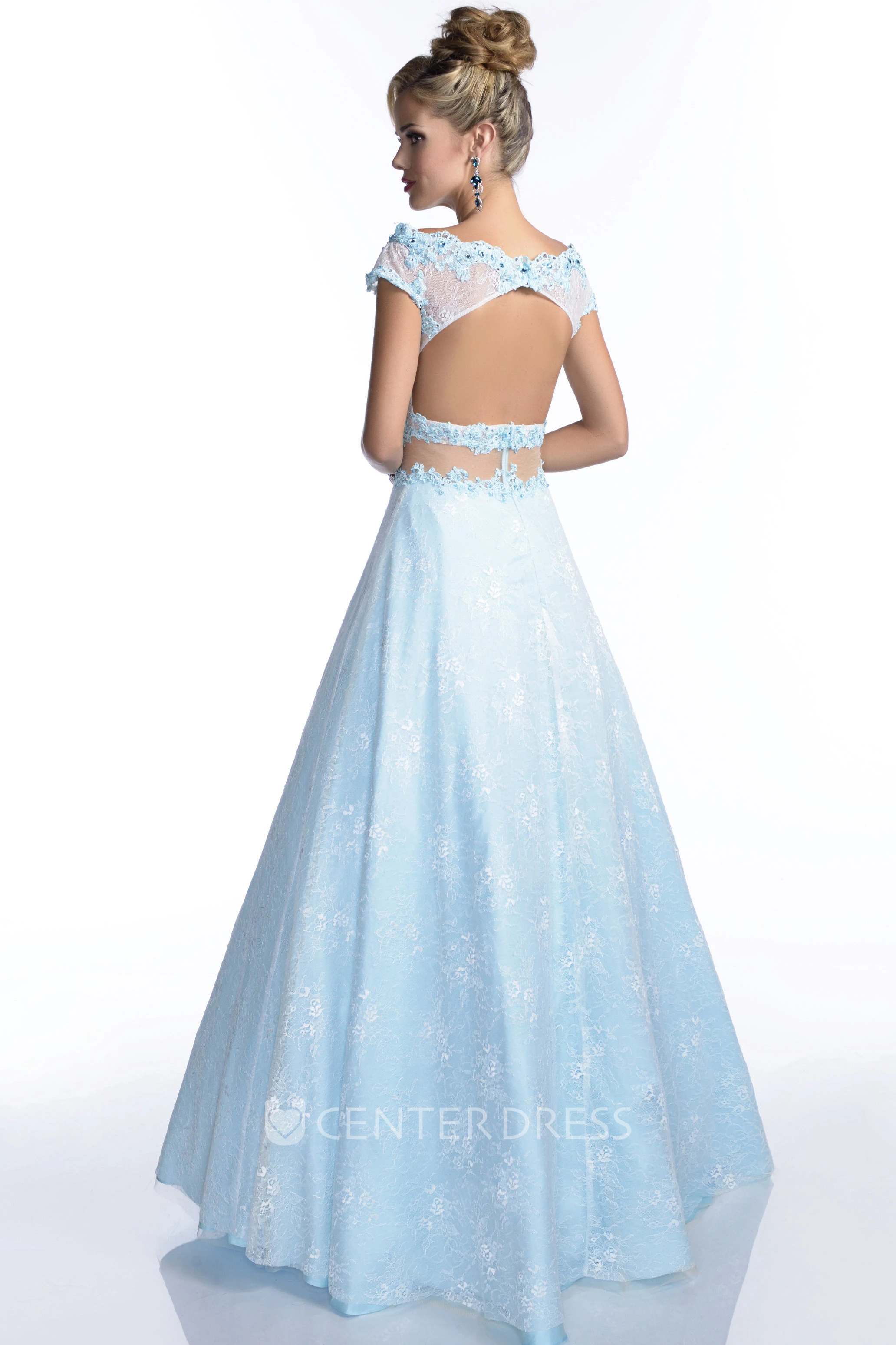 Lace A-Line Scalloped-Edge Cap Sleeve Prom Dress With Keyhole Back