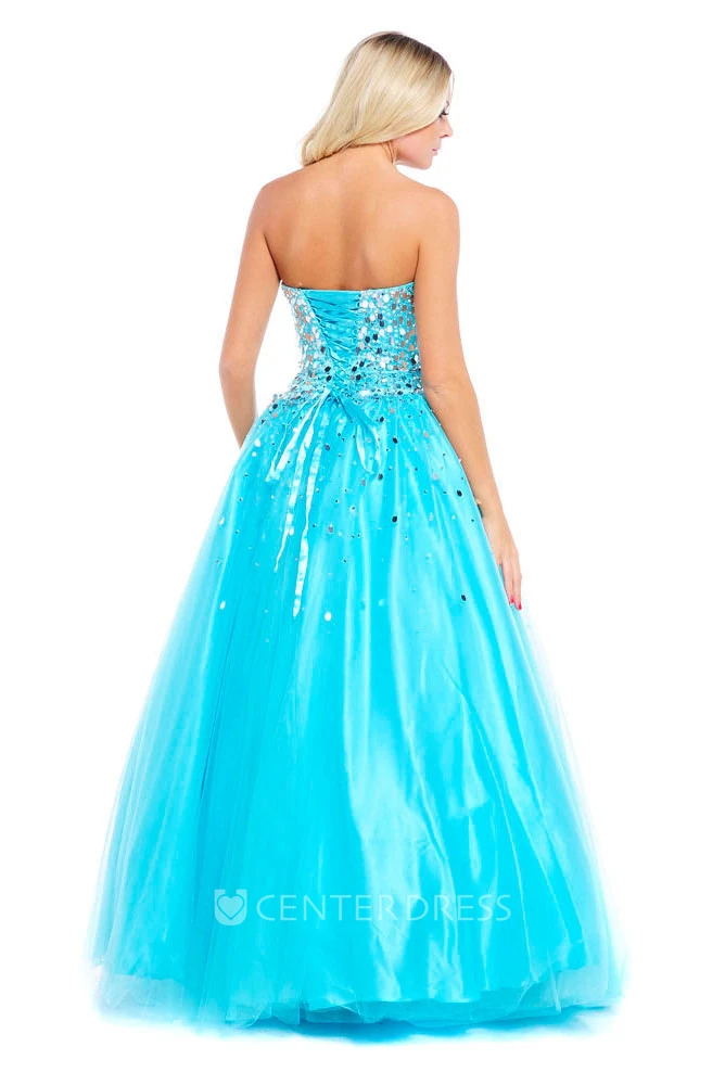 A-Line Sequined Strapless Sleeveless Floor-Length Tulle&Satin Prom Dress