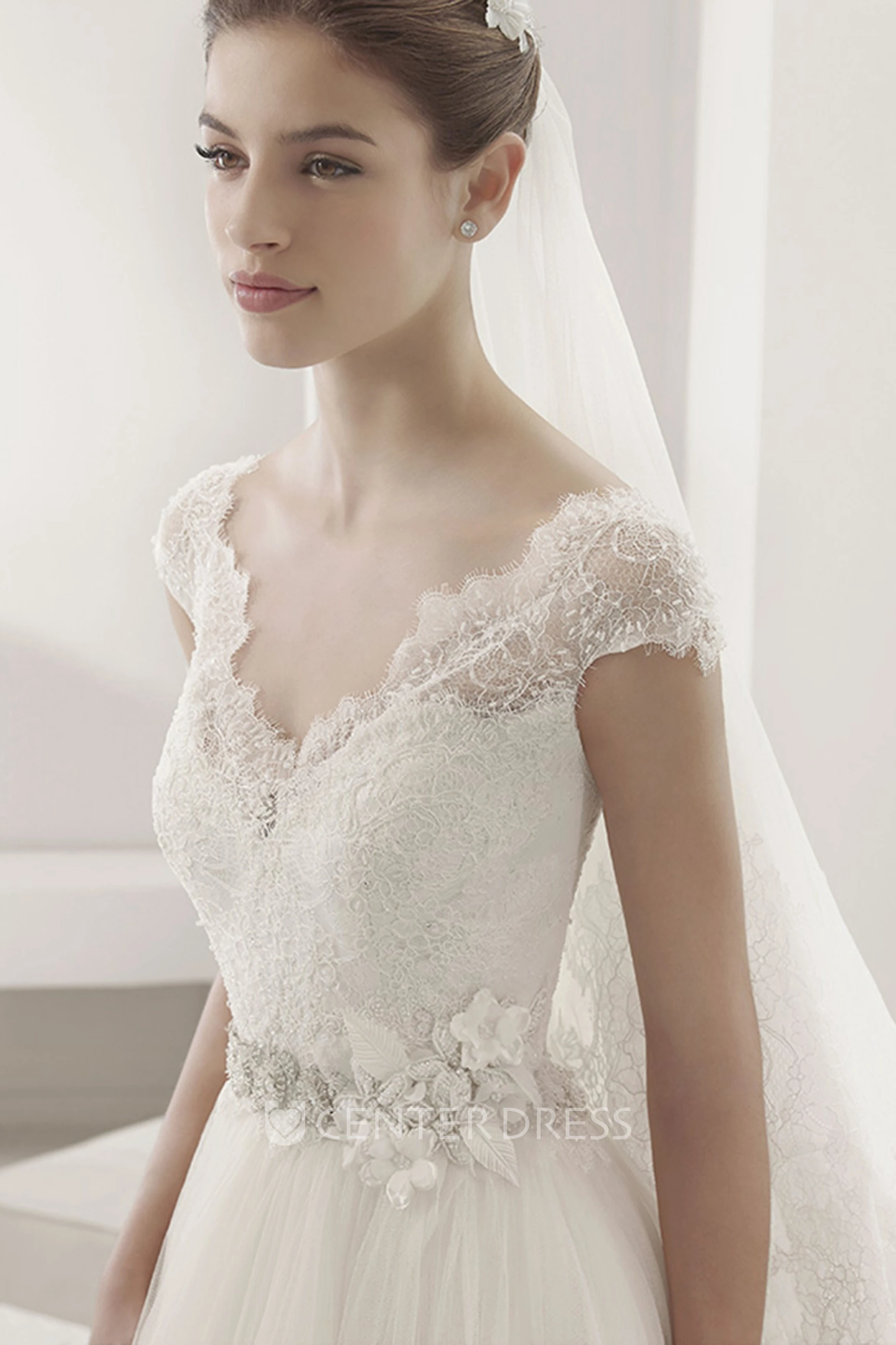 Scalloped V Neck Cap Sleeve Tulle Ball Gown With Lace Top And Beading Floral Waist