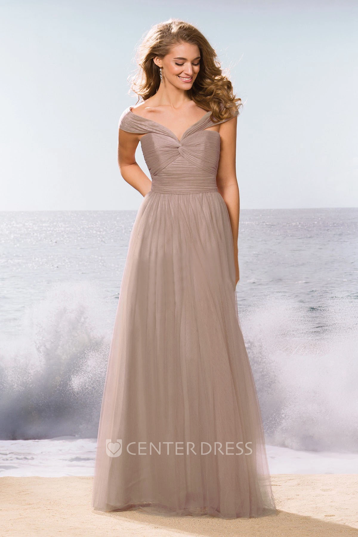 V-Neck Off-Shoulder A-Line Bridesmaid Dress With Pleats And Keyhole Back