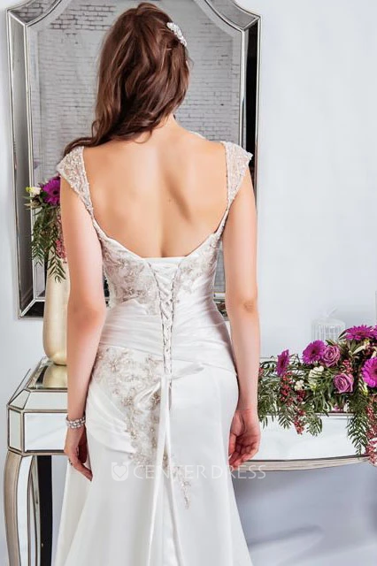 Sheath Sleeveless Long V-Neck Side-Draped Satin Wedding Dress With Beading And Corset Back