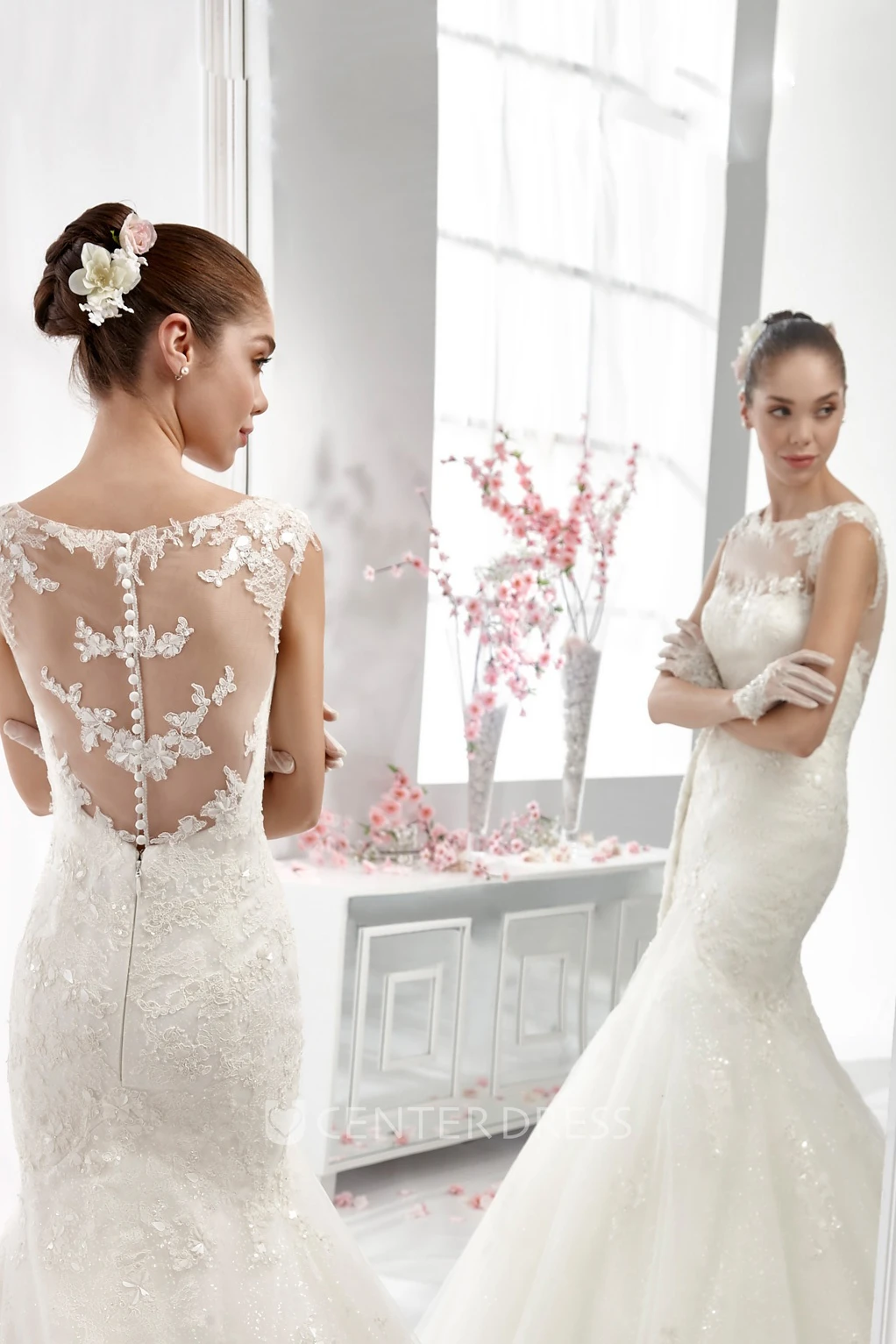 Jewel-Neck Mermaid Sheath Gown With Illusive Neckline And Back
