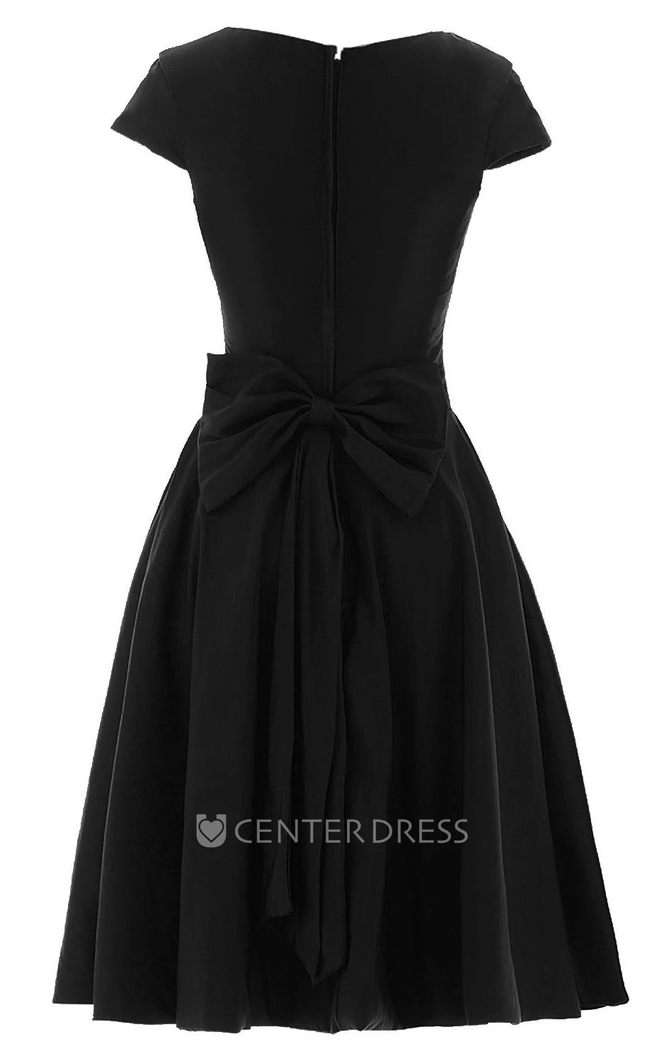 Short Sleeve Knee-length Pleated Chiffon Dress With Bowknot