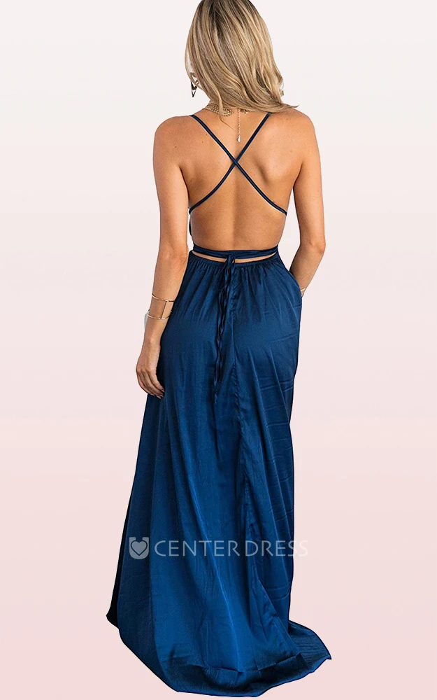 Romantic A Line Satin V-neck Cowel Guest Dress With Split Front and Ruffles