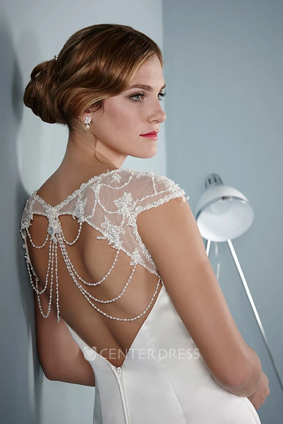 A-Line Cap Sleeve Scoop Neck Beaded Satin Wedding Dress