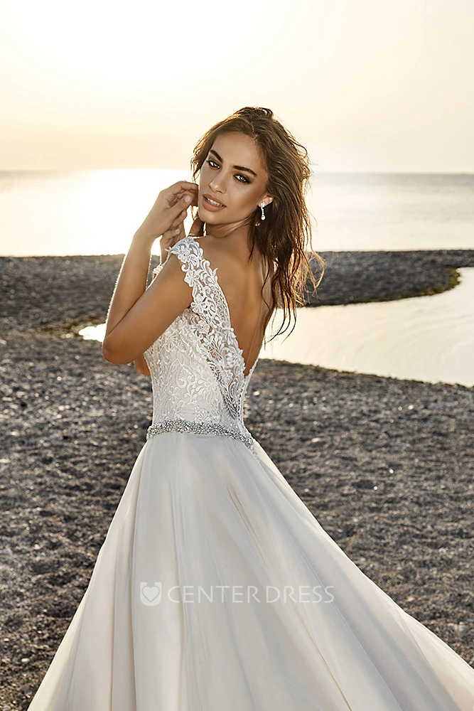 A-Line Scoop-Neck Floor-Length Appliqued Sleeveless Wedding Dress With Waist Jewellery