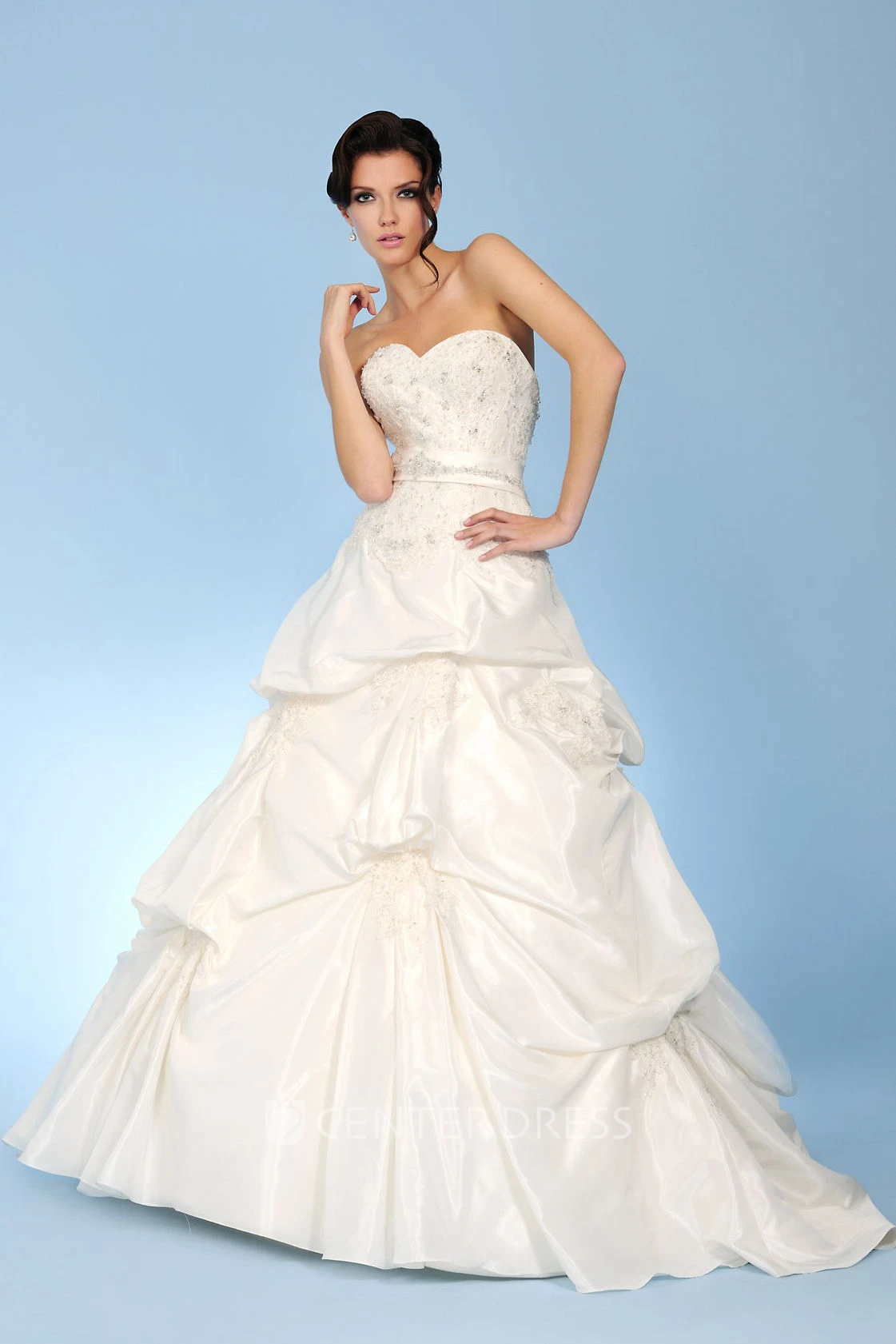 A-Line Long Jeweled Sweetheart Taffeta Wedding Dress With Beading And Pick Up