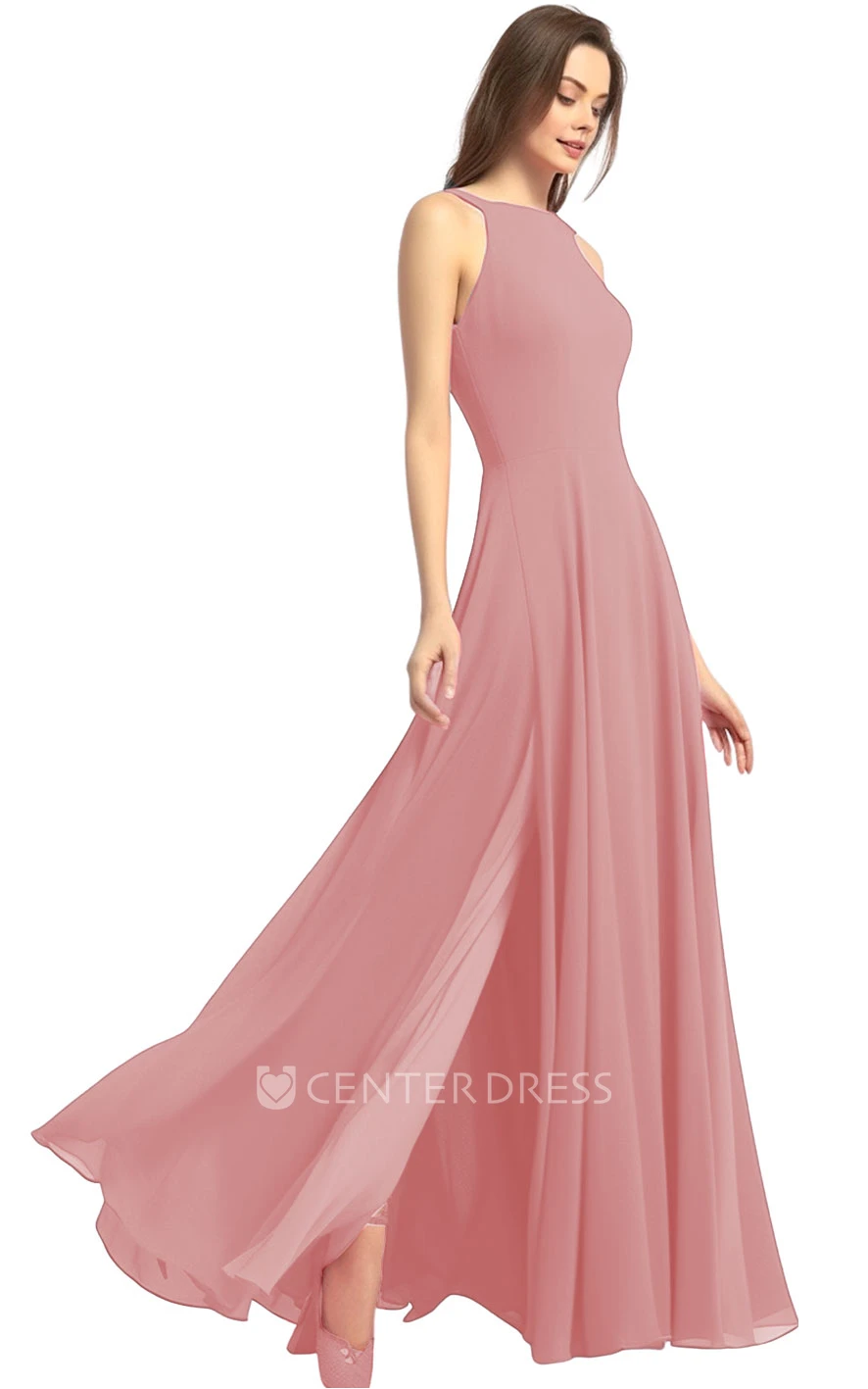 Casual A-Line Chiffon Bridesmaid Dress with Halter Neck and Split Front 2026 Simple
