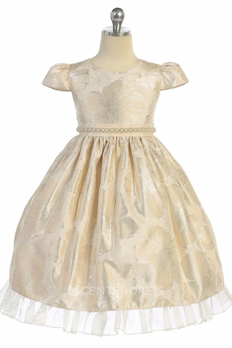 Tea-Length Cap-Sleeve Beaded Organza Flower Girl Dress With Ruffles